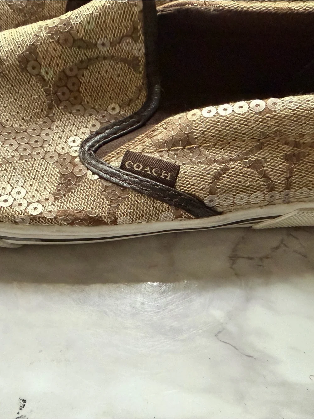 Coach Sequin Signature Slip-On in Gold and Brown sz 6